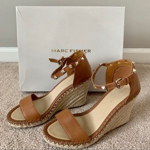 Marc Fisher Kicker Wedge Sandals - brown leather